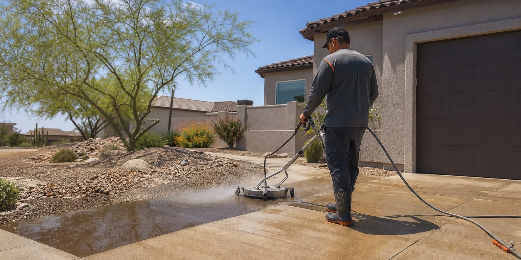 Freshly pressure-washed Phoenix driveway with clean concrete lines beside desert landscaping