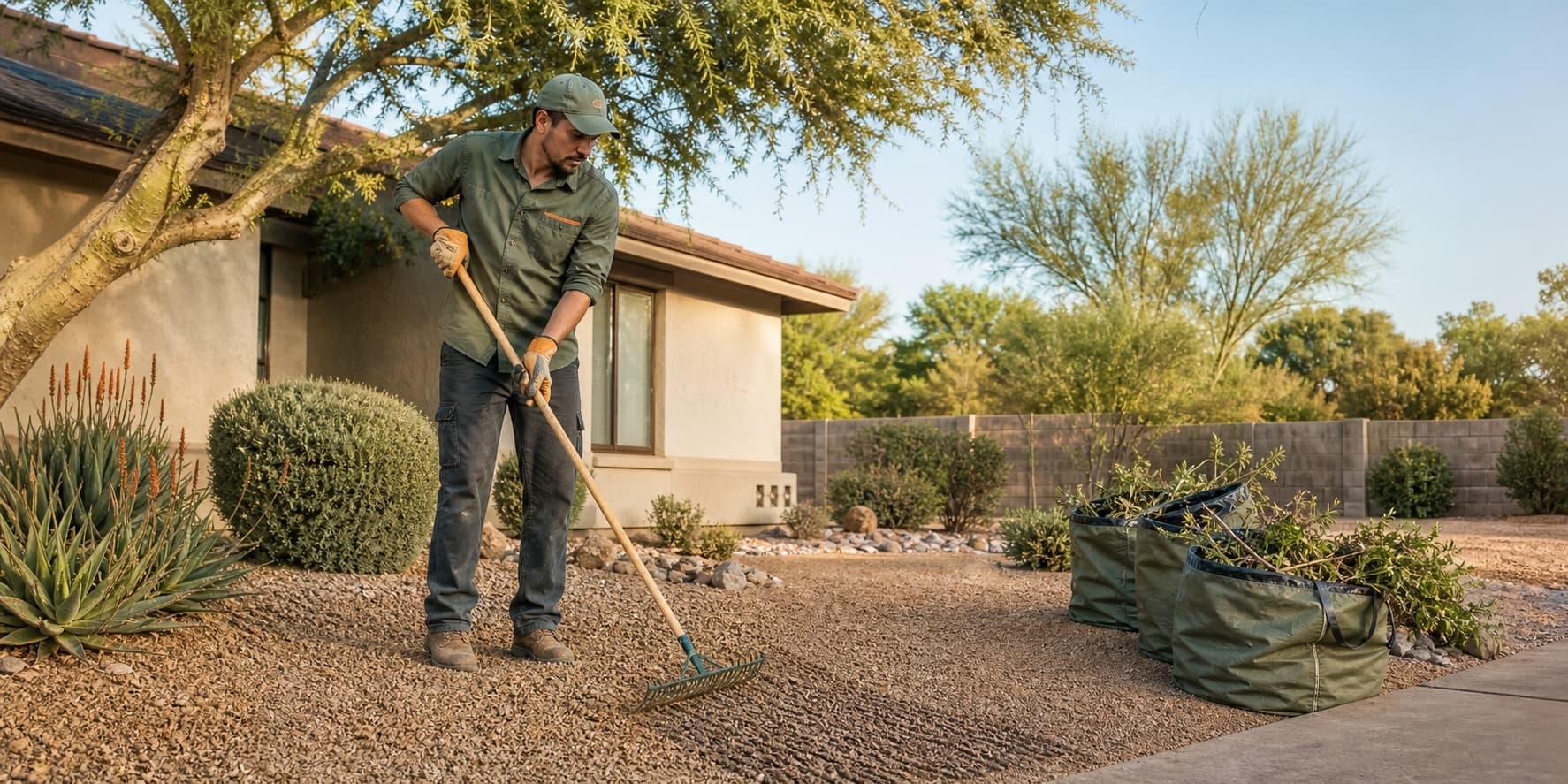 Freshly reset Phoenix front yard with raked gravel, trimmed desert plants, and a clear walkway